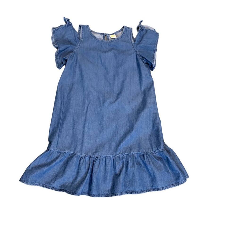 Crazy 8 Girls Chambray Denim Ruffled Aline Dress Cold Shoulder SZ 10 Cotton Blue